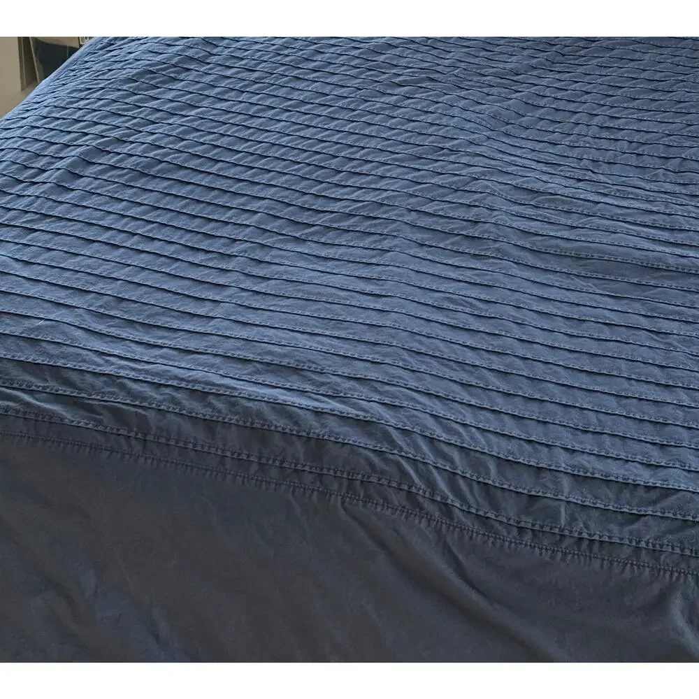 IKEA Alvine Stra Navy Blue Pleated Duvet Cover Set F/Q Cotton 3 Piece 94x80 READ